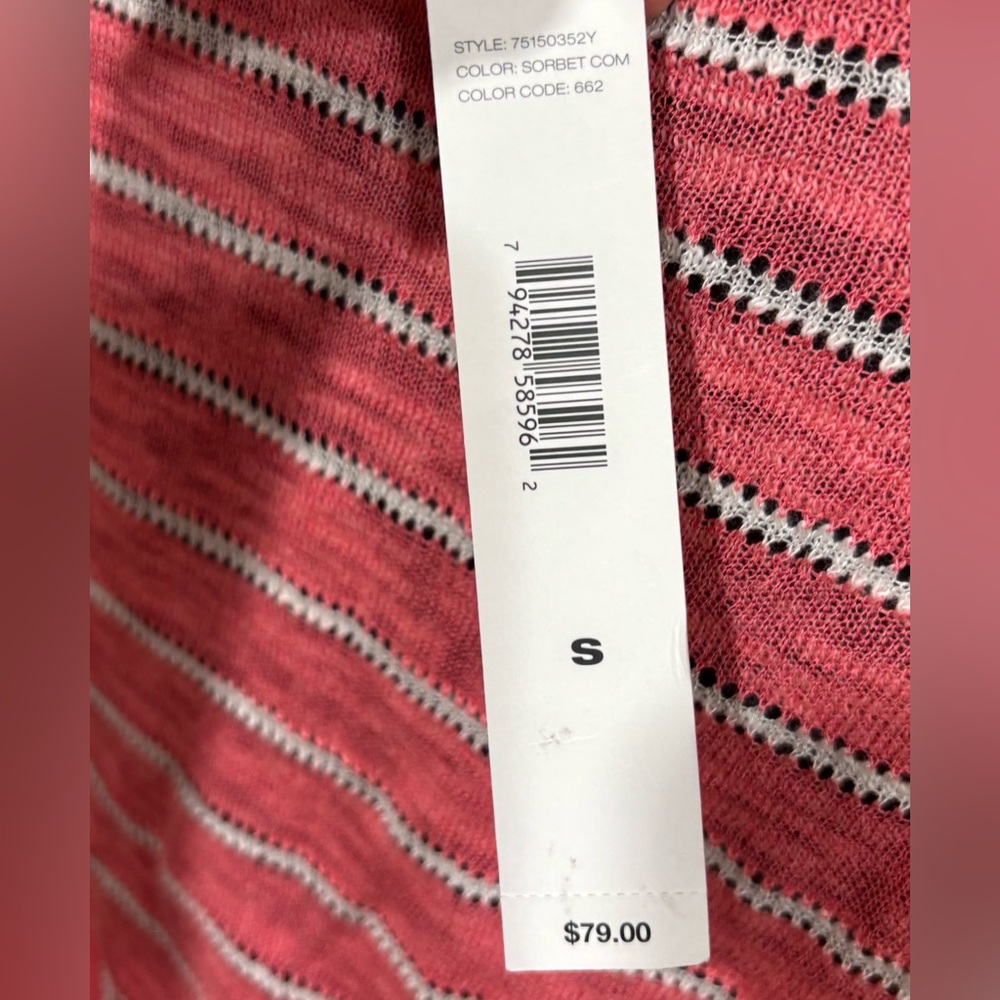 🌸 DKNY long-3/4 sleeve, striped v-neck knit sweater, watermelon pink, Pointelle - Picture 11 of 14